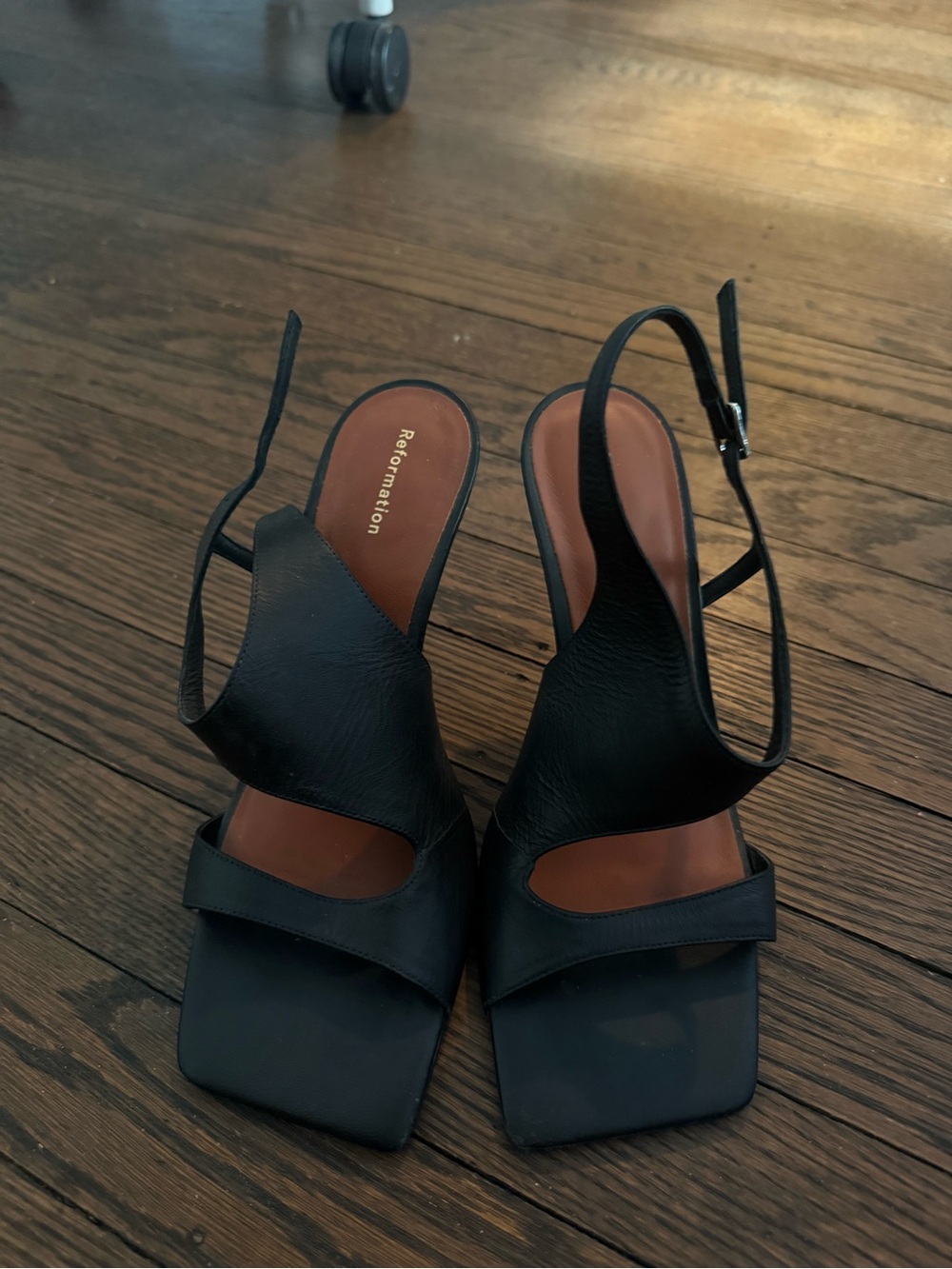 Reformation Black Leather Square-Toe Slingback Heels